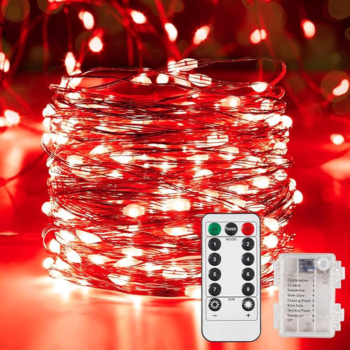 2 Pack 65.6 Ft. Battery Operated Outdoor String Lights with Remote & Timer, LED Red Fairy Lights, Waterproof Twinkle Lights for Bedroom, Dorm, Mason Jar, Wedding, Party, Christmas