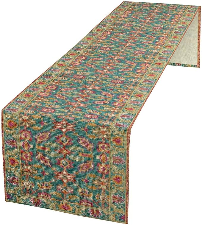 Vintage Boho Floral Table Runner, Rustic Country Farmhouse Teal Red Purple Flower Pattern for Home Kitchen Table Decor Dining Coffee Room Party Decor 13x108in