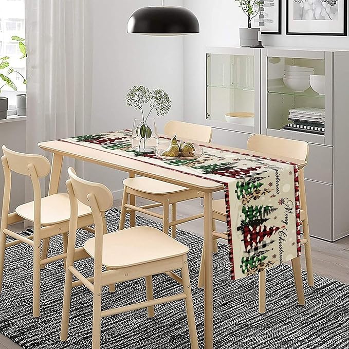 Christmas Tree Table Runner,Farmhouse Xmas Trees Buffalo Plaid Winter Snowflake Tablecloth Burlap for Hotel Indoors Outdoor Dining Room Kitchen Home Decor,W13X L70 in