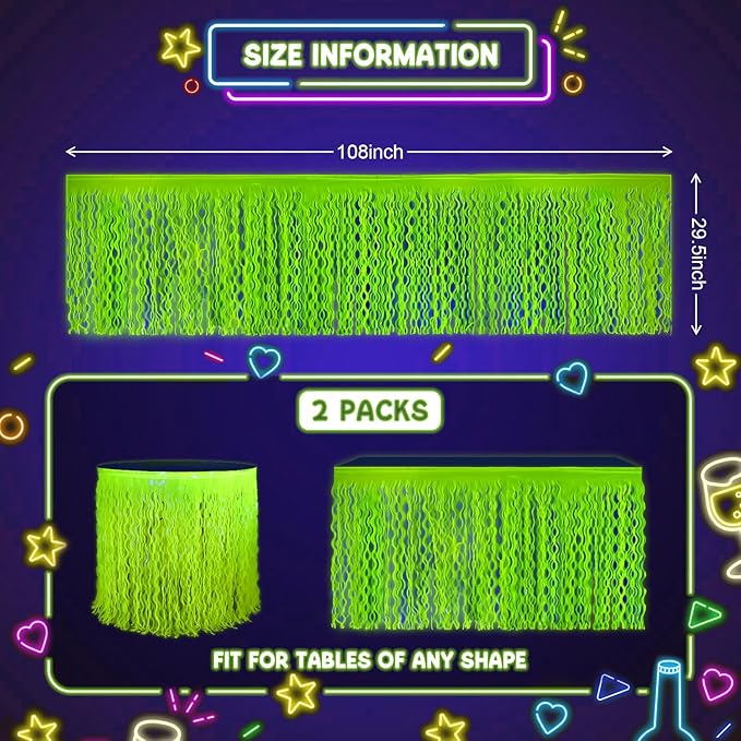 Mega-L Glow in The Dark Party Supplies, 2 Pack Neon Party Decorations Fluorescent Macaron Yellow Wavy Metallic Tinsel Foil Fringe Table Skirts, Perfect Table Decors for Glow Birthday Decor