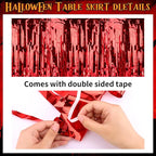 28x106 Inch Red Sequin Tablecloth for Halloween Decorations, Metallic Tinsel Foil Fringe Table Skirt, Rectangle or Round Tables Decor, Table Cover, Spider Decorations for Halloween Party