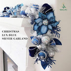 5 ft Christmas Garland for Mantle Unlit Garland for Stairs Railing, Banister, Staircase, Fireplace, for Table No Light, Garland Decor Frosted Red Poinsettia Holiday Tree (Lux Blue Silver)
