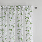 VISIONTEX Embroidered Green Sheer Voile Curtains, Leaves Embroidery Faux Linen Rod Pocket Window Drapes for Living Room and Girls Bedroom 54 x 108 Inch, Set of 2 Curtain Panels