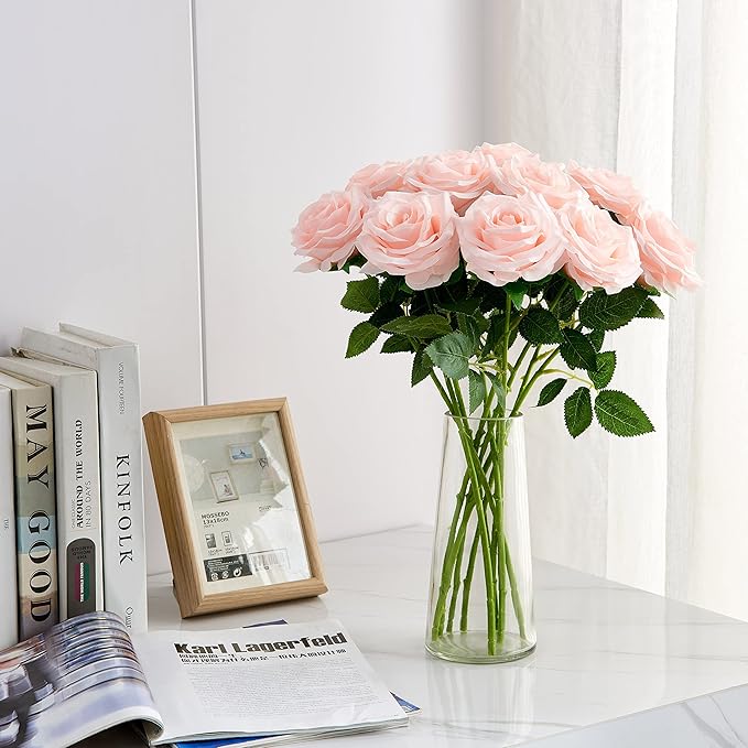 Artificial Rose 10pcs Open Flower Bouquet Faux Rose Stems for Wedding Arrangement, Bridal Bouquet, Centerpiece, Fake Faux Silk Flowers (Blush)