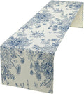 Chinoiserie Flower Table Runner, Seasonal Spring Fall Plants Blue Florals Dinner Runner for Home Kitchen Dining Table Party Holiday Decoration 13"x90"