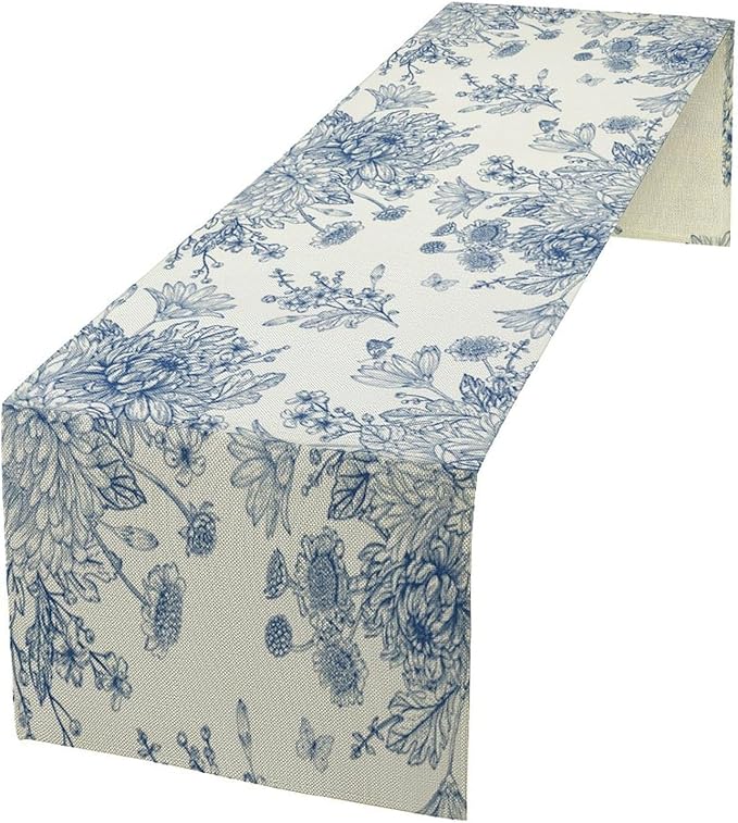 Chinoiserie Flower Table Runner, Seasonal Spring Fall Plants Blue Florals Dinner Runner for Home Kitchen Dining Table Party Holiday Decoration 13"x120"