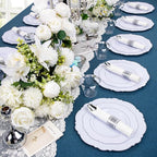 Liacere 350PCS Silver Plastic Plates-Disposable White and Silver Plates 50guest Baroque Plastic Dinnerware Set include 100Plates, 50Pack Pre Rolled Napkins with Silverware 50Cups Perfect for Chrismas