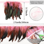 Holmgren Pink Rooster Feathers Trim - 2 Yards 5-7inch Rooster Feather Fringe Trim for Feather Shawl Cape, Skirt, Headband, Juju Hat and Party Costume Decoration (Pink)
