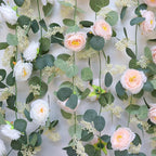 MAKHOT 2Pack White 6.6Ft Artificial Eucalyptus Garland with Flowers, Fake Rose Gypsophila Vine Rose Garlands Decor, Floral Flower Greenery Garland for Wedding Home Table Decor (White)