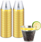 50counts 9 OZ. Disposable Cups Old fashioned Party Tumblers, 9 Ounce Squat Cups Gold Wine Glasses Hard Plastic Cups with Gold Rim