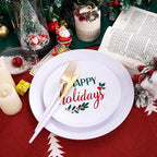 Supernal 150pcs Easter Plastic Dinnerware with Plastic Plates,White and Gold Silverware, Easter Disposable Party Plates with "Happy Holiday" Design for Festival Gatherings