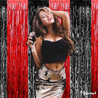 4 Pack 3.2Ft x 6.6Ft Black Red Fringe Curtain Backdrop, Metallic Tinsel Foil Fringe Streamers Curtains Background for Photo Booth Wedding Casino Viva Las Vegas Game Night Birthday Party Decorations