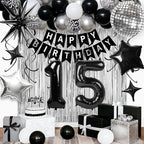 15th Birthday Decorations for Boys Girls, Black Silver Happy Birthday Party Decorations， 15 Year Old Party Supplies with Number 15 Balloons, Banner, Fringe Curtains Kit