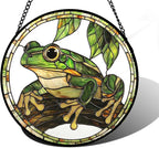 Stained Glass Window Hanging, Frog Green Leaf Sun Catchers Colorful Glass Panel Cool Suncatcher Decor for Birthday for Women, Men, Wife, Aunt, and Mom 11.8x11.8 in