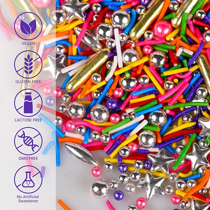 Rainbow Sprinkles for Cake Decorating - Metallic Gold Sprinkles Silver Star, Colorful Jimmies, Sugar Pearl, Cupcakes Topper, Ice Cream, Cookie Decorations for Christmas Birthday Party