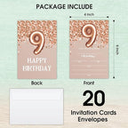 9th Birthday Invitation Cards, Rose Gold Glitter 9th Birthday Party Invites, Kids Happy Birthday Party Decorations Supplies, 20 Fill-in Cards with Envelopes for Boys or Girls Party Celebration - C01