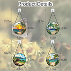 Stained Glass Window Hanging 4 Pcs Set Blue Ocean Coconut Tree Scenery 6.3" - Suncatcher Door Garden Sun Catcher Decor Birthday Christmas for Mom Woman Nana Men