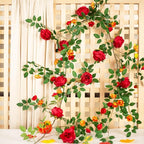 6FT Pink Flower Garland Artificial Rose Vines Hanging Floral Garland for Home Decor Wall Trellis Fence Wall Decoration (Red 2pcs)