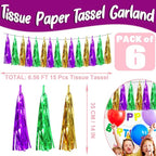 6P Purple Green Gold Foil Fringe Metallic Tassel Streamers Banner Tassel Garland for Parade Floats, Bachelorette, Wedding, Birthday, Graduation, Christmas, Bridal/Baby Shower Party Decorations