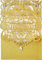 Hosmsua 5.12 x 7.3 50pcs Personalized Gold Laser Cut Flora Wedding Invitation Cards with Rhinestone and Envelopes Invitations for Quinceañera Wedding Invite (Customized Printed)