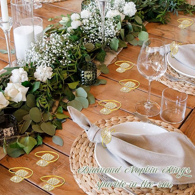 Hotop 36 Pcs Napkin Rings Gold Table Decorations, Elegant Bling Leaves Napkin Rings, Rhinestone Guest Towels Buckle for Wedding Gold Party, Thanksgiving Christmas Dinner Banquet Table Decoration