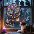 Stained Glass Window Hanging - Halloween Decorations Bats Suncatcher for Doors Garden Indoor Spooky Funny Purple Sun Catchers Gothic Decor Horror Gifts for Women Men Friend 6.3 in