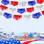 Blue Red Silver Tassel Banner Metallic Fabric Pennant Bunting Flag for 4th of July American USA National Day Patriotic Veterans Graduation Wedding Birthday Retirement Nautical Party Decorations