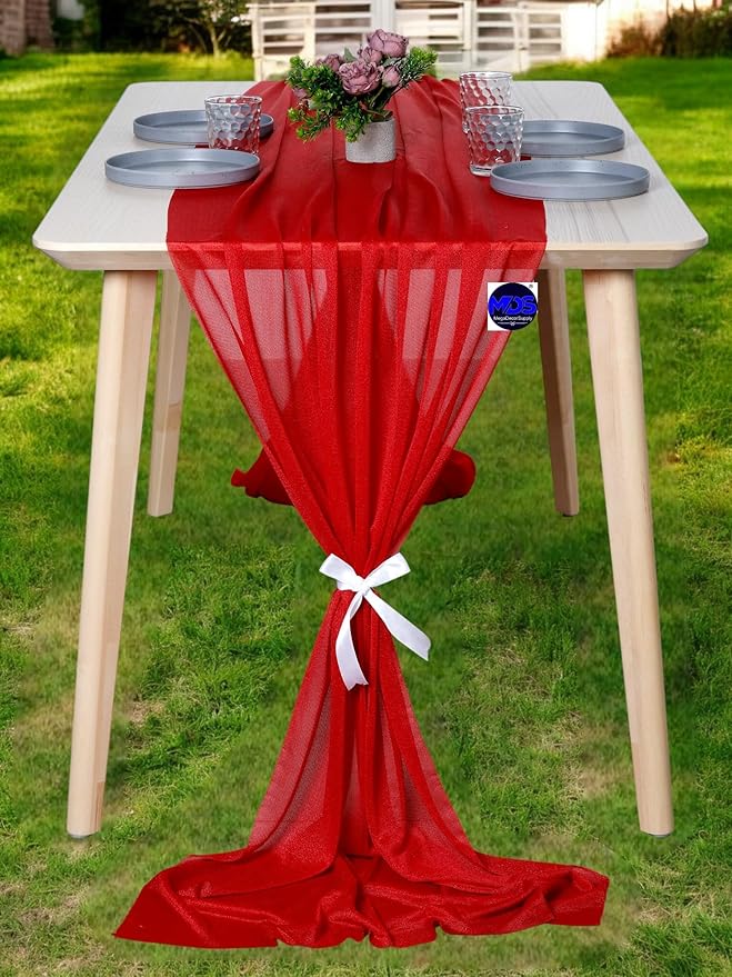 MDS Halloween Chiffon Table Runner - 12 Pack, 29 x 170 Inches, 14ft Each - Sheer Spooky Table Runners for Haunted House Parties, Trick-or-Treat Tables, Witchy Décor, Wedding & Events - Red