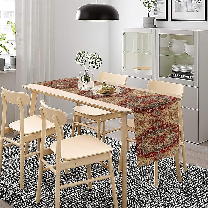 Boho Bohemia Style Table Runner, Vintage Red Brown Retro Flower Rustic Country Style Floral Print Pattern for Home Kitchen Table Decor Dining Coffee Room Garden Party Decor 13x120in