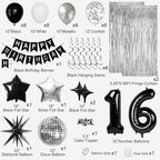 16th Birthday Decorations for Boys Girls, Black Silver Happy Birthday Party Decorations， 16 Year Old Party Supplies with Number 16 Balloons, Banner, Fringe Curtains Kit