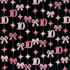 Glitter Pink 10th Bow Birthday Decorations Hot Pink Conquette Bow Garland Streamer Banner Backdrop for Girls Happy 10th Birthday Double Digits I'm 10 Cheers to 10 Years Old Anniversary Party Supplies