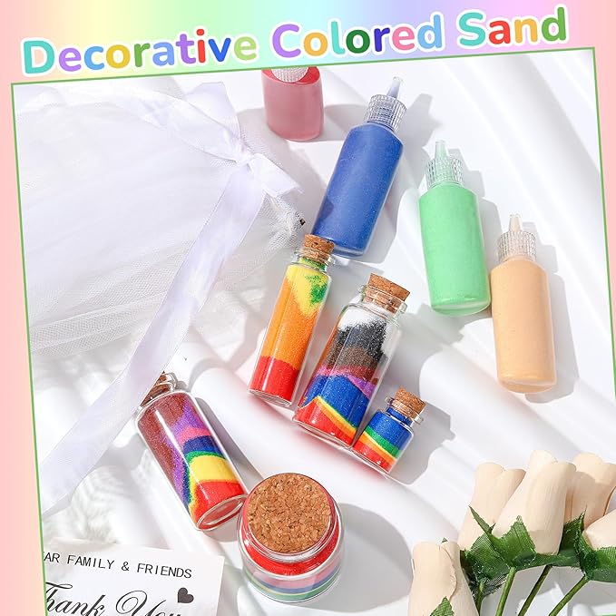 Wettarn 240 Pcs 1.25 oz Sand Art Bottle Kits 60 Colors of Sand and Bottle for Rangoli Art Painting DIY Drawing Favor Diwali Wedding Decoration Vase Glass Crafty Collection (Multicolor)