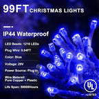 Christmas Lights Outdoor Decorations 1216 LED 99ft 8 Modes Curtain Fairy String Light with 228 Drops, Clear Wire LED String Light Indoor Decor for Wedding Party Holiday Christmas Decoration Blue