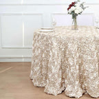 Efavormart 120" Beige Grandiose 3D Rosette Satin Round Tablecloth for Wedding Party Event Decoration