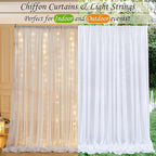 10ft x 10ft White Chiffon Backdrop Curtain with Lights String for Parites Wedding Wrinkle Free Curtain Photo Backdrops Drapes for Baby Shower Birthday Party Home Decorations