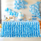 PARTISKY Ocean Blue Tulle Tutu Ruffle Curly Willow Table Skirt for Rectangle Table 6ft,Under The Sea Baby Shark Themed Table Cloth for Boys Girls Birthday Party or Baby Shower