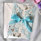 25PCS Light Blue Laser Cut Wedding Invitations Cards with Envelopes,Blank Inner Sheets,Ribbons for Wedding Bridal Shower Quinceanera Engagement Birthday Invites matte light blue B001