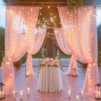 Wish Care 10ft x 10ft Baby Pink Chiffon Backdrop Curtain with Lights String for Parites Wedding Wrinkle Free Curtain Photo Backdrops Drapes for Baby Shower Birthday Party Home Decorations
