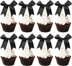 24 PCS Bow Cupcake Toppers Bowknot Cake Toppers Bow Cupcake Picks Bowknot Birthday Party Decorations Bow Cake Dessert Picks for Wedding Bridal Engagement Baby Shower Birthday Party Supplies Black