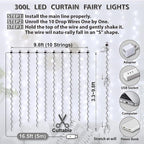 HXWEIYE 300LED Fairy Curtain Lights, 9.8x9.8Ft USB Plug-in 8 Modes Christmas String Hanging Lights with Remote for Bedroom Backdrop Wedding Party Indoor Wall Decor, White