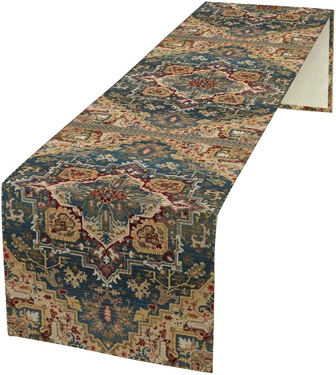 Boho Bohemia Style Table Runner, Country Rustic Farmhouse Vintahe Colorful Geometry Print Table Runner for Home Kitchen Dinner Party Holiday Decor, 13x108inch