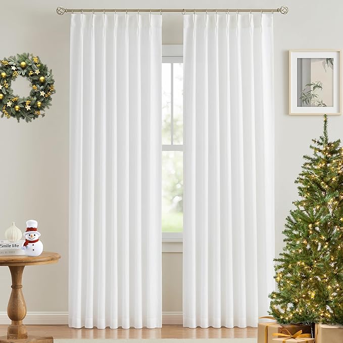 Vision Home White Pinch Pleated Semi Sheer Curtains Textured Light Filtering Window Curtains 120 inch for Living Room Bedroom Rayon Blended Pinch Pleat Drapes with Hooks 2 Panels 10ft 40" Wx120 L