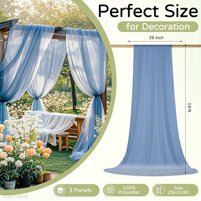 Wedding Arch Draping Fabric 29" x 19Ft Sheer Drapes for Backdrop Wedding Ceremony Reception Ceiling Decor Curtain Baby Bridal Shower Decoration (Dusty Blue, 3 Panels)