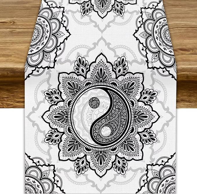 Yin Yang Table Runner, Bohemian Mandala Vintage Black White Traditional Oriental Floral Print Table Runner for Home Kitchen Dining Table Wedding Party Decor, 13x60inch