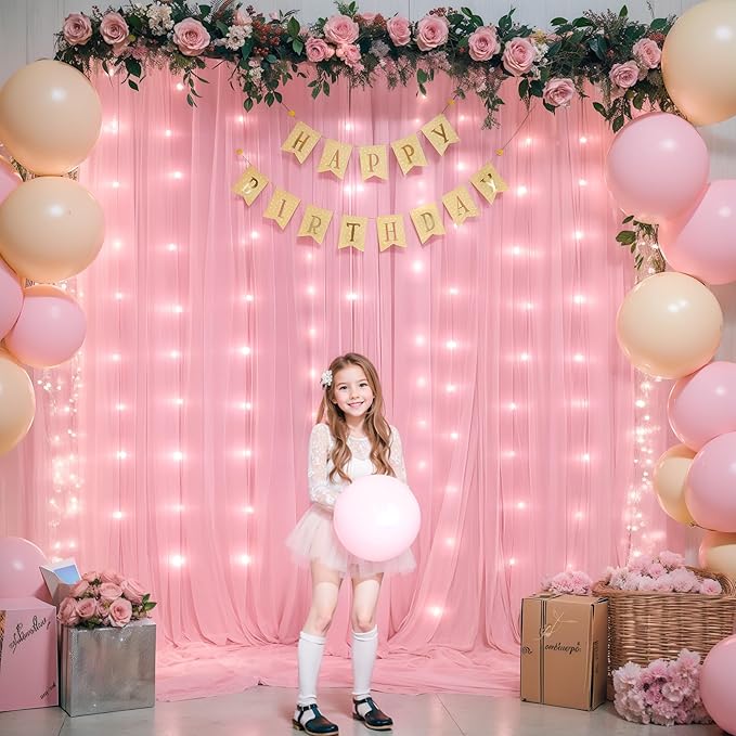 Sheer Backdrop Curtains with Lights String for Weddings Baby Showers, 10x8ft Sheer Tulle Photo Backdrop Curtains for Birthday Party Photography Background Decoration, Pink