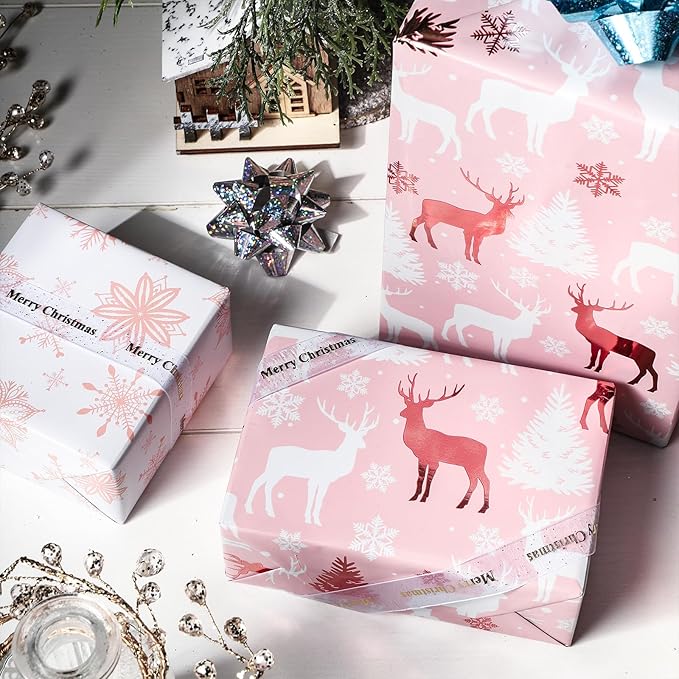 LeZakaa Christmas Pink Wrapping Paper Mini Roll, Reindeer & Snowflake, Metallic Foil, Rose Gold Foil Reversible Design for Festive Winter Holiday, Family Gathering, 17 inches x 32.8 Feet