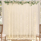 Champagne Tulle Backdrop Curtain with Lights String for Parites Wedding 10x8ft Champagne Sheer Backdrop Curtains for Bridal Shower Baby Shower Birthday Party Photo Booth Background Decorations