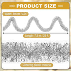 25 Feet Metallic Twist Tinsel Garland Wall Hanging Backdrop for Parade Floats, Christmas Eve, New Year, Valentine's Day Party Decorations (Silver, 4in x 25ft)