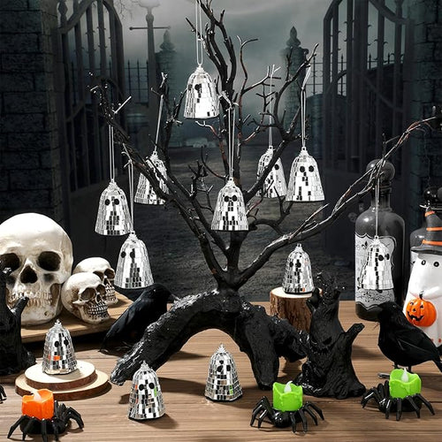 12 Pcs Halloween Disco Ghosts Decor Halloween Ornament Silver Mirror Disco Skeleton Tabletop Centerpiece for Holiday Cosplay Home Props Gift Party Decorations (Sliver)