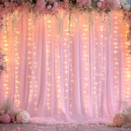 Sheer Backdrop Curtains with Lights String for Weddings Baby Showers, 10x8ft Sheer Tulle Photo Backdrop Curtains for Birthday Party Photography Background Decoration, Pink
